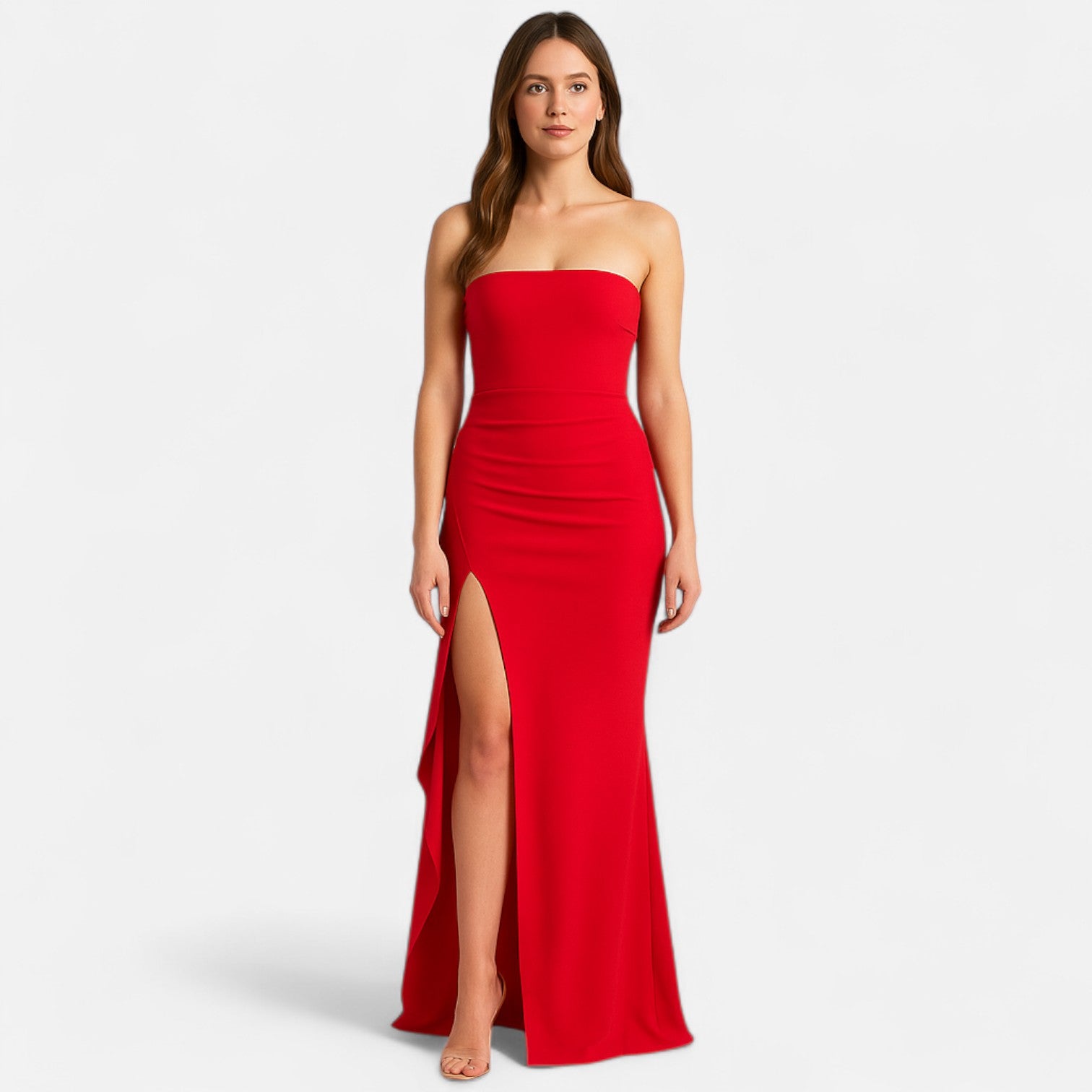Damen Abendkleid bodenlang schulterfrei mit hohem Schlitz - Rot