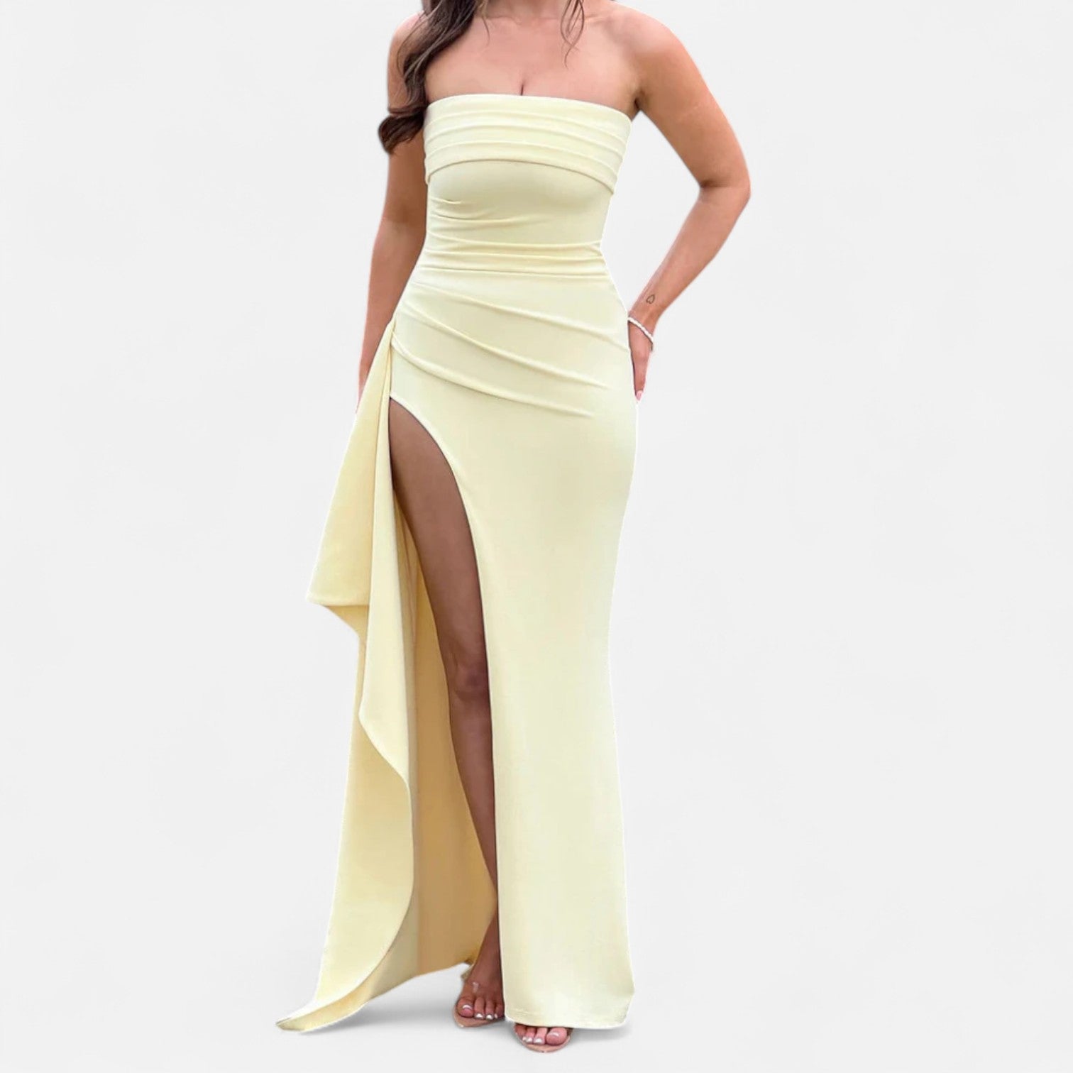 Damen Abendkleid bodenlang schulterfrei mit hohem Schlitz - Hellgelb