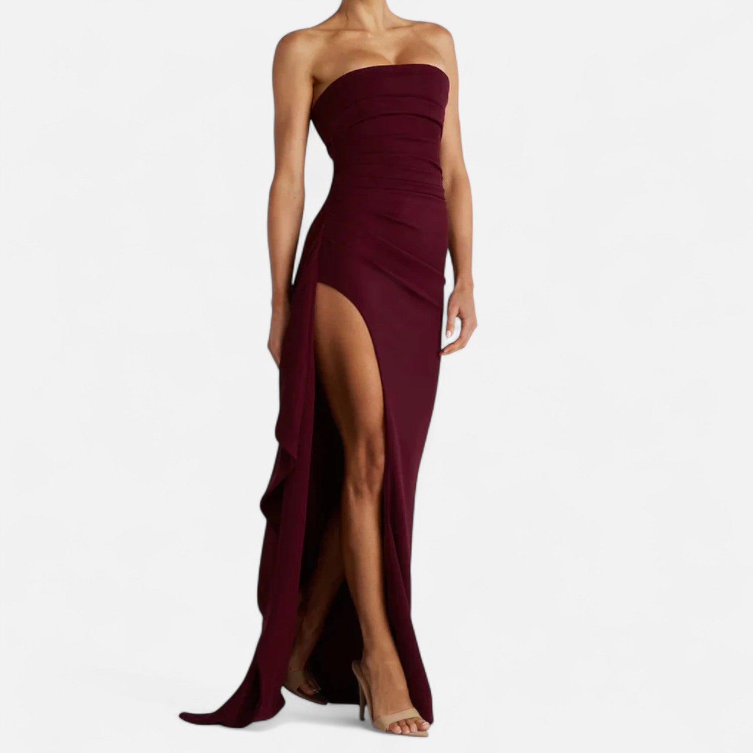 Damen Abendkleid bodenlang schulterfrei mit hohem Schlitz - Burgunder