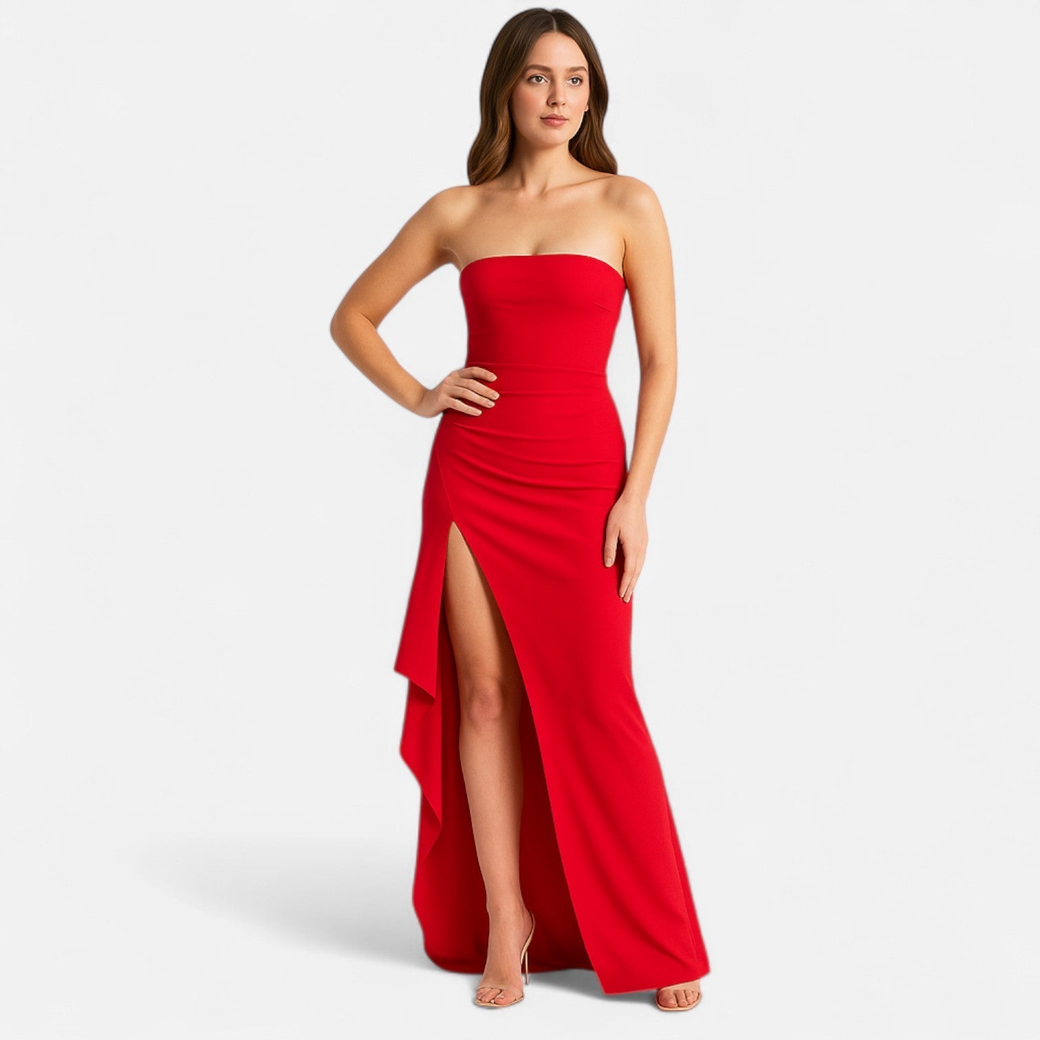 Damen Abendkleid bodenlang schulterfrei mit hohem Schlitz