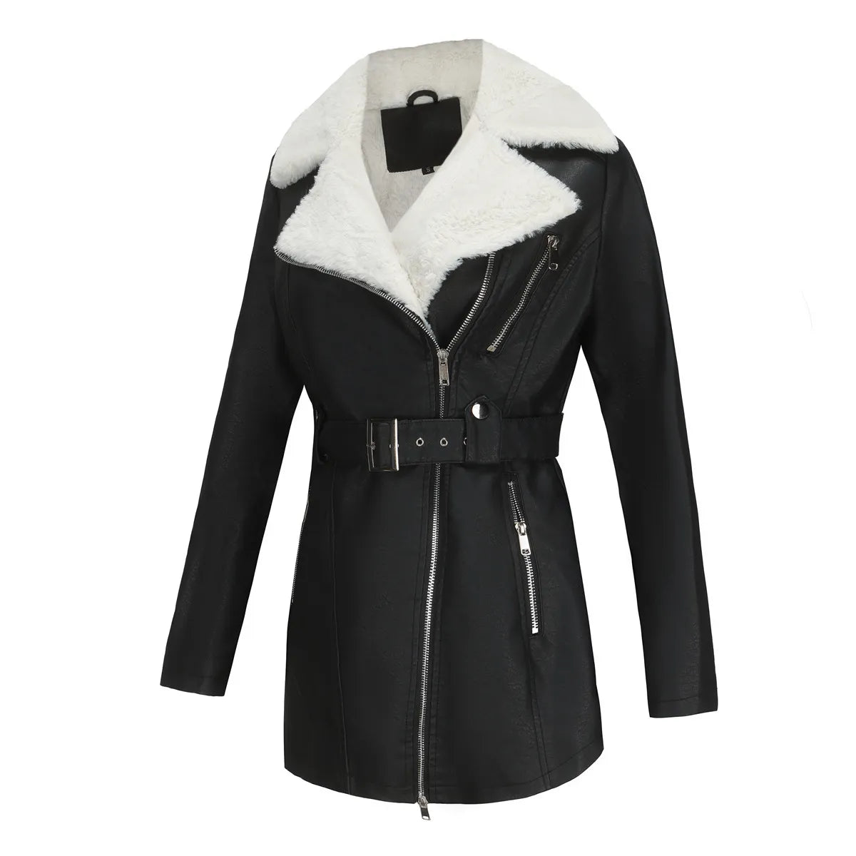 Damen Bikerjacke mit Kunstfellkragen und Taillengürtel