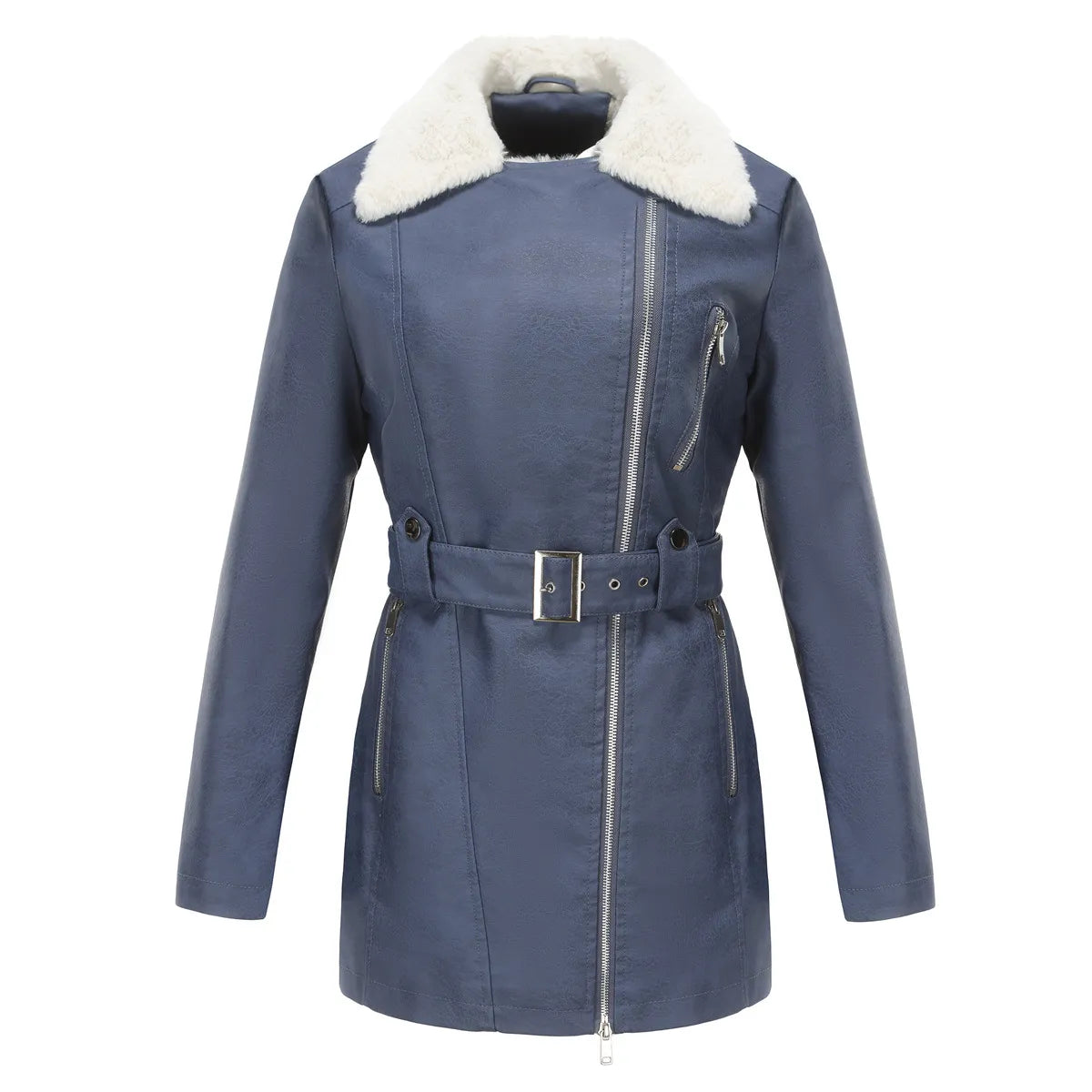 Damen Bikerjacke mit Kunstfellkragen und Taillengürtel - Blau