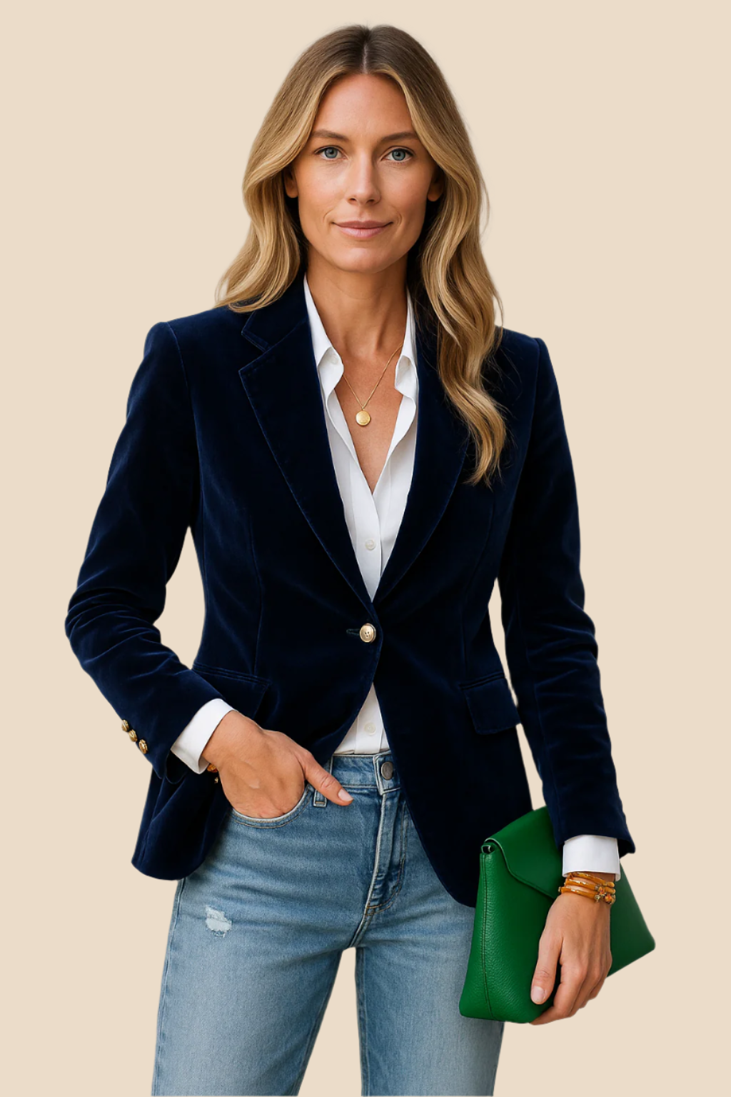 Damen Blazer in Samtoptik mit Reverskragen tailliert - Marineblau