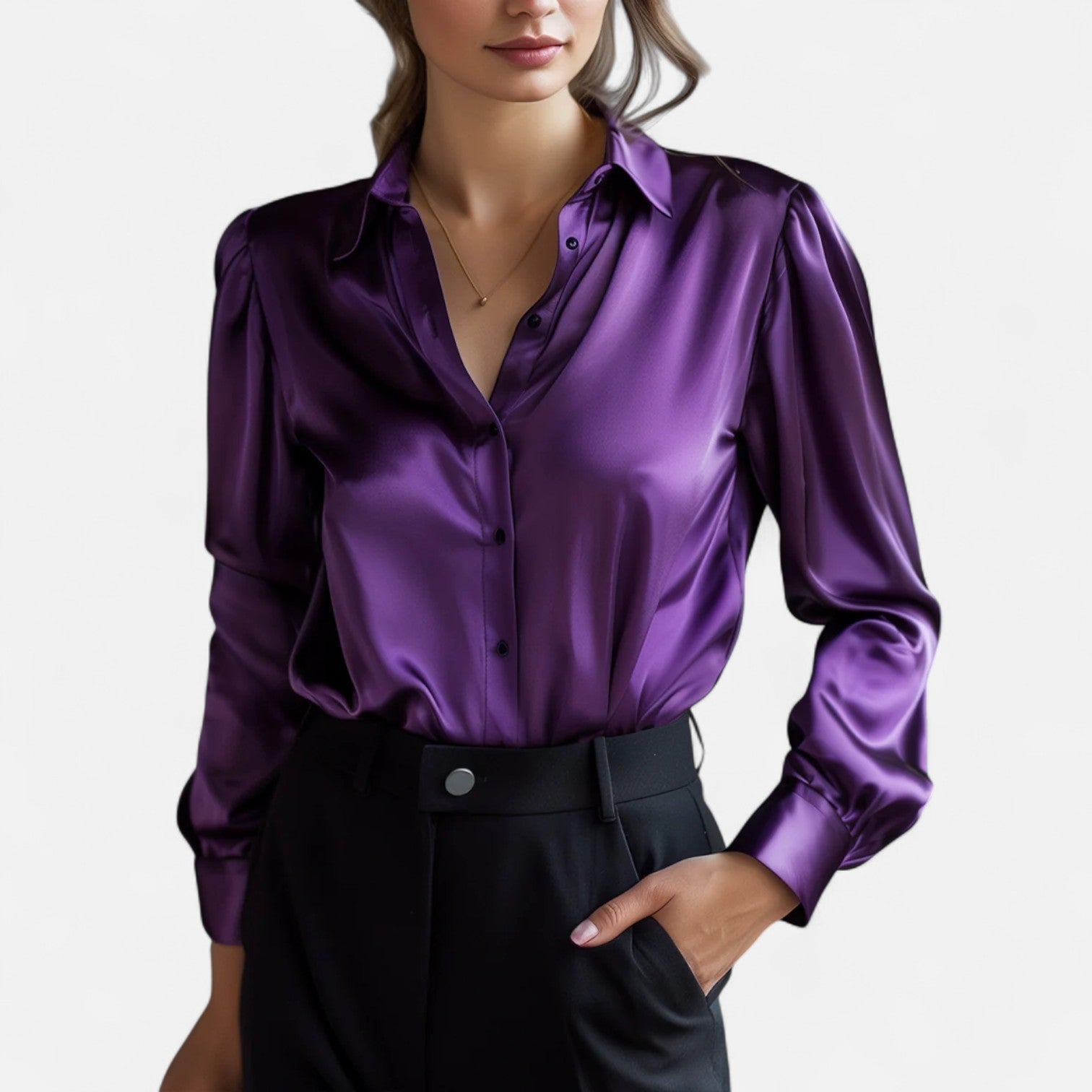 Damen Bluse in Satinoptik mit Hemdkragen und Manschette - Lila