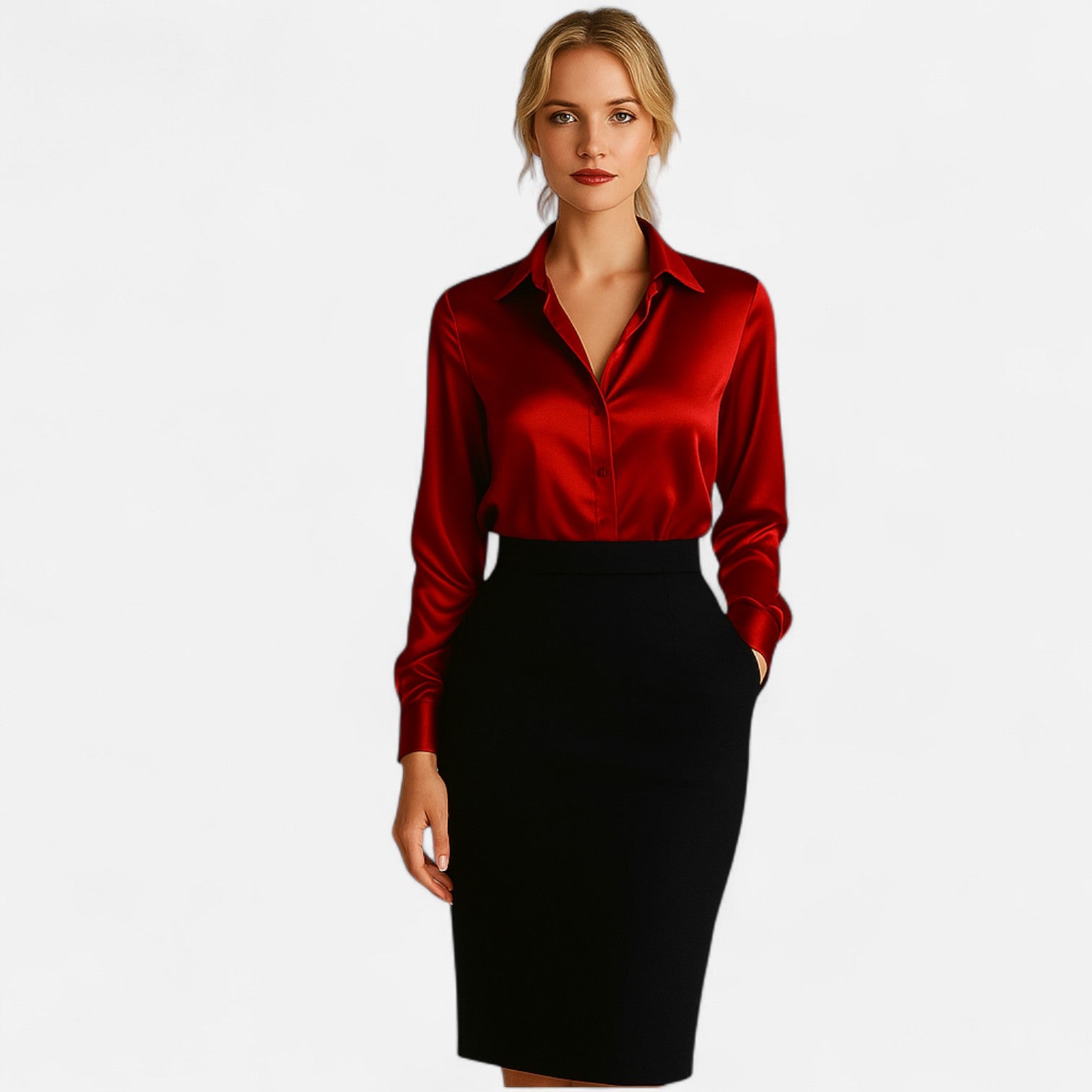 Damen Bluse in Satinoptik mit Hemdkragen und Manschette