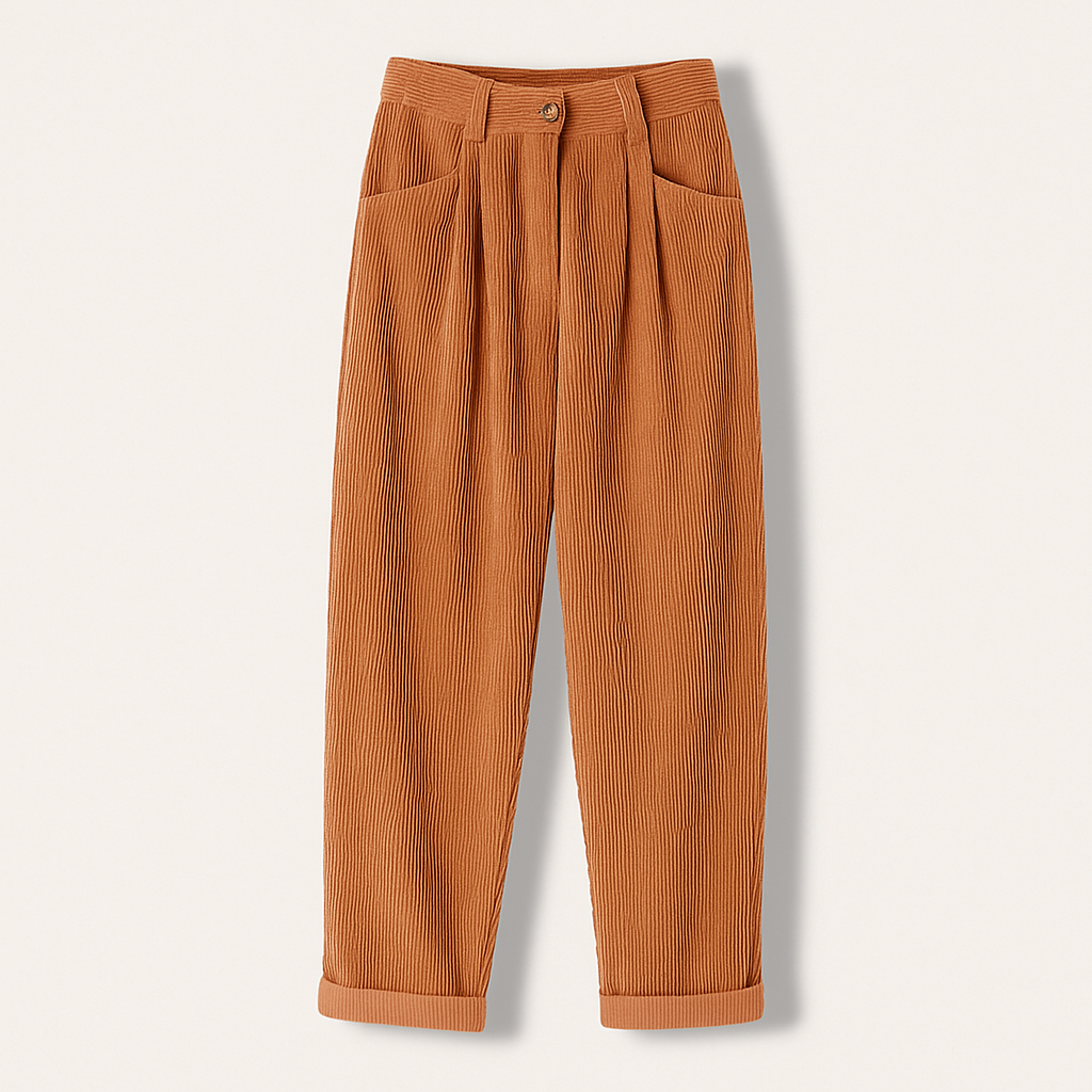 Damen Cordhose in Karottenform mit Bundfalten und Umschlag - Orange