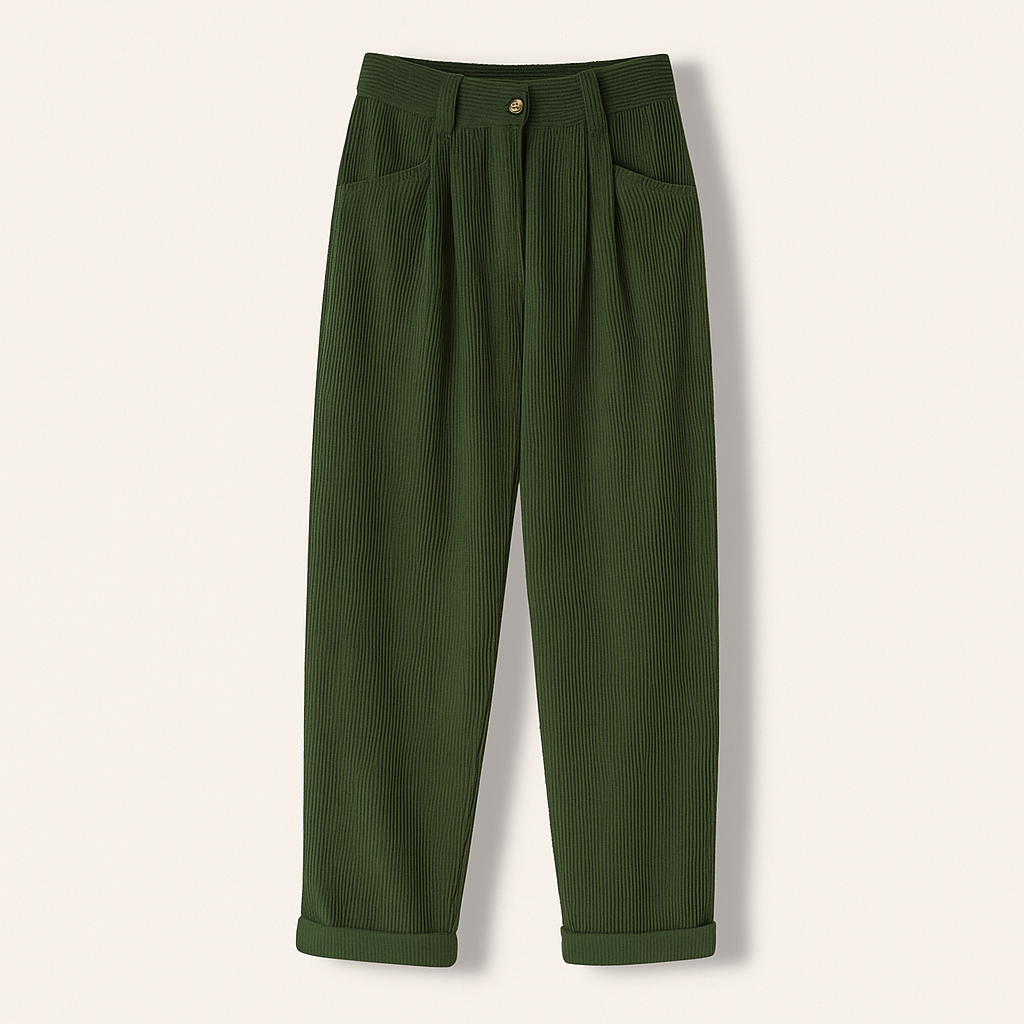 Damen Cordhose in Karottenform mit Bundfalten und Umschlag - Olive