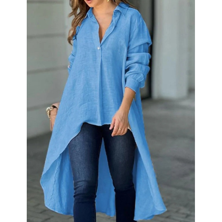Damen Hemdbluse mit verlängertem Rückensaum und Kragen - Blau