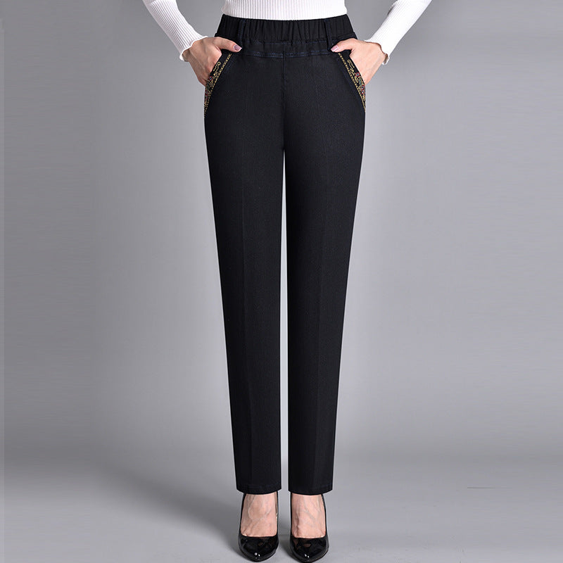 Damen Jeans gerade geschnitten mit geraffter Bundpartie - Schwarz (Normale Dicke)
