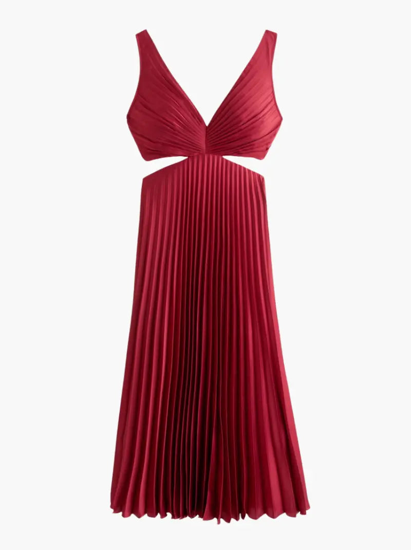 Damen Kleid midi mit Plisseerock und V-Ausschnitt