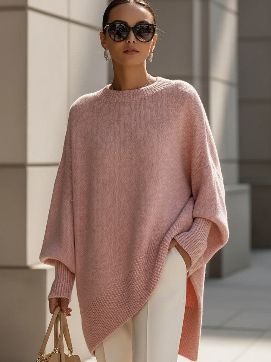 Damen Poncho Pullover mit asymmetrischem Saum und Rundhals - Rosa