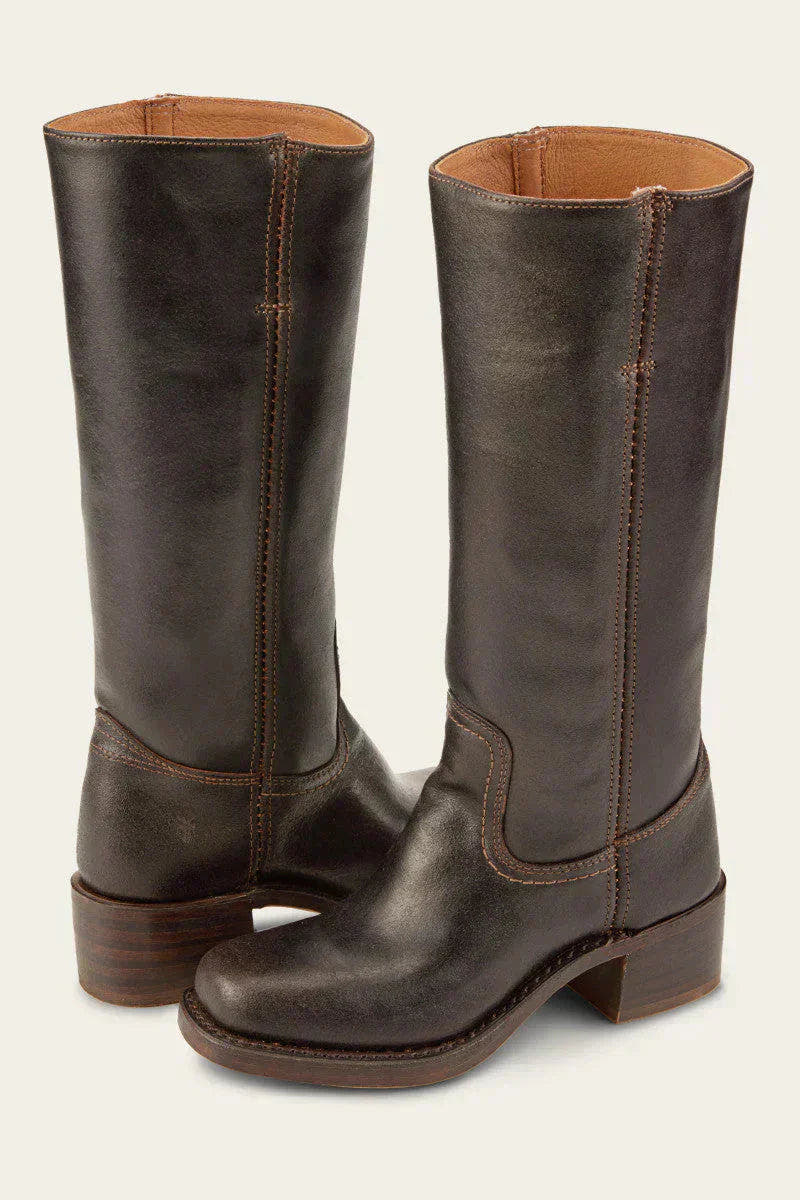 Damen Stiefel kniehoch mit Blockabsatz in Lederoptik - Dunkelbraun