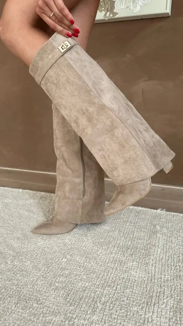 Damen Stiefel kniehoch mit Umschlagschaft und Schnalle