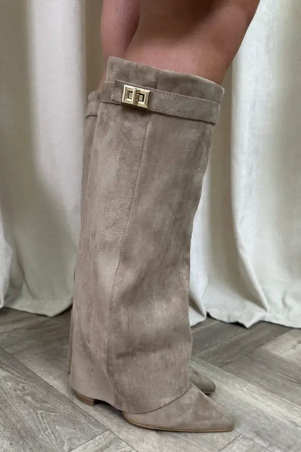 Damen Stiefel kniehoch mit Umschlagschaft und Schnalle