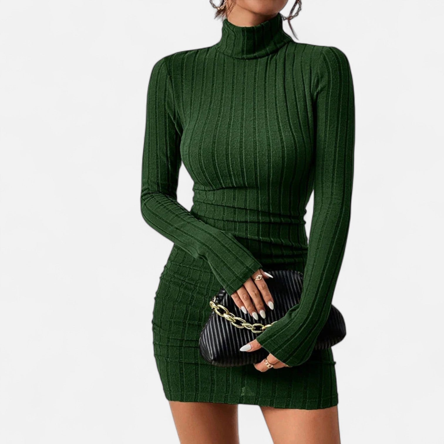 Damen Strickkleid kurz mit Rollkragen und langen Ärmeln - Grün