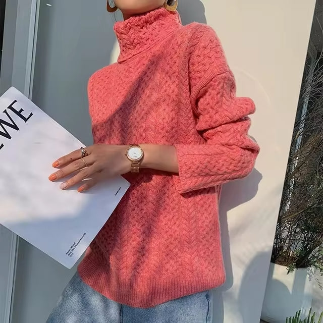 Damen Strickpullover mit Zopfmuster und weitem Rollkragen - Rot