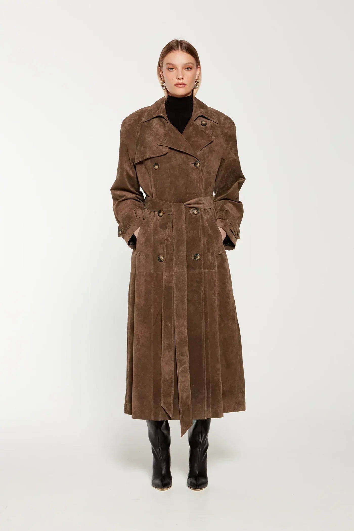 Damen Trenchcoat extralang in Wildlederoptik mit Gürtel - Braun