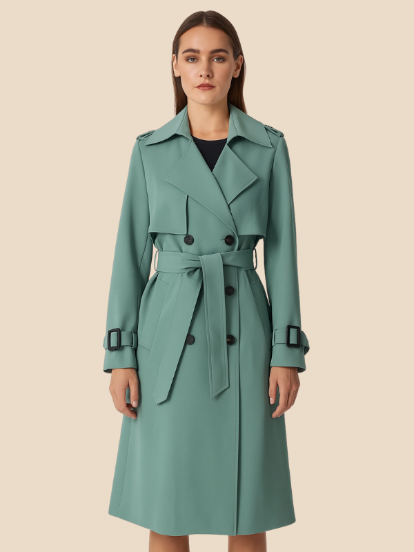 Damen Trenchcoat lang mit Doppelreiher und Bindegürtel - Grün