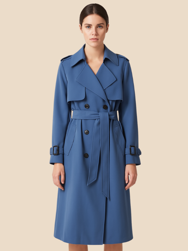 Damen Trenchcoat lang mit Doppelreiher und Bindegürtel - Blau