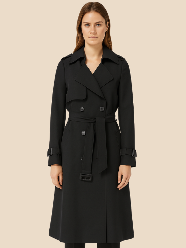 Damen Trenchcoat lang mit Doppelreiher und Bindegürtel - Schwarz
