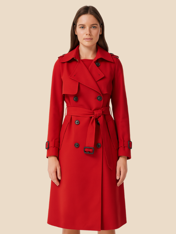 Damen Trenchcoat lang mit Doppelreiher und Bindegürtel - Rot