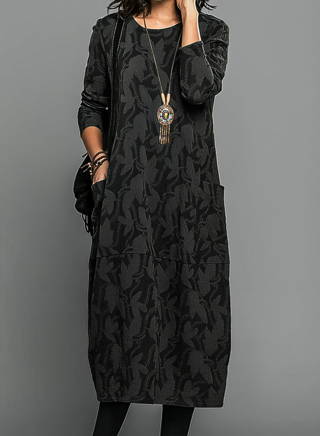 Damen Winterkleid midi mit langen Ärmeln und Taschen - Schwarz
