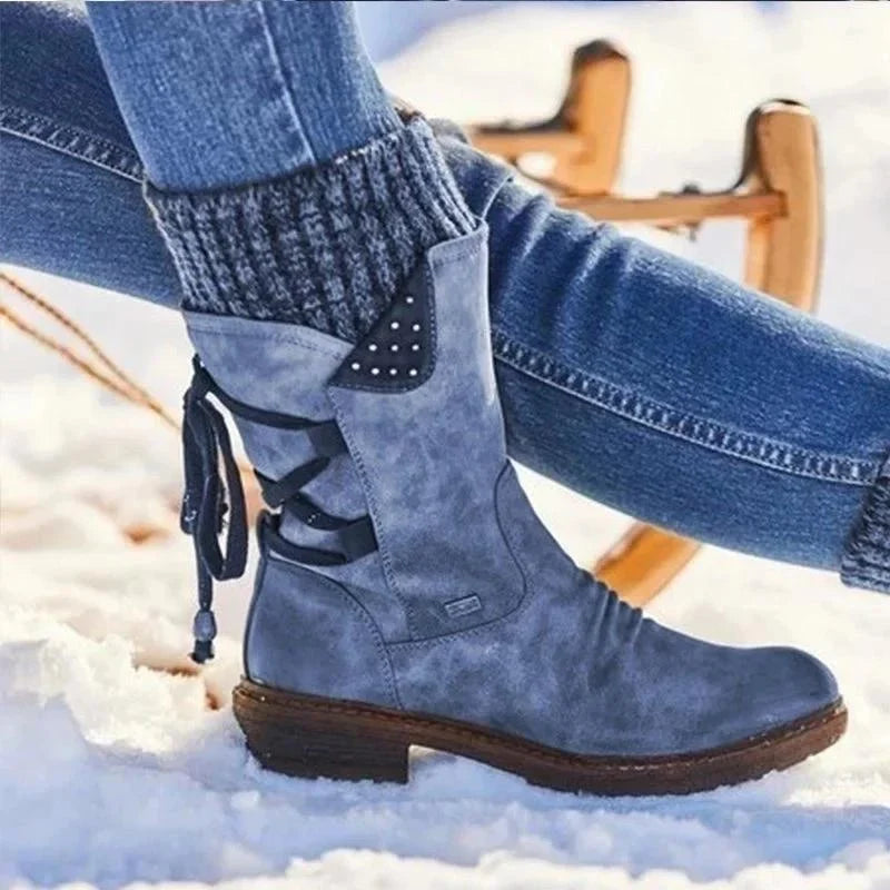 Damen Winterstiefel mit Schnürung und Strickschaft - Blau