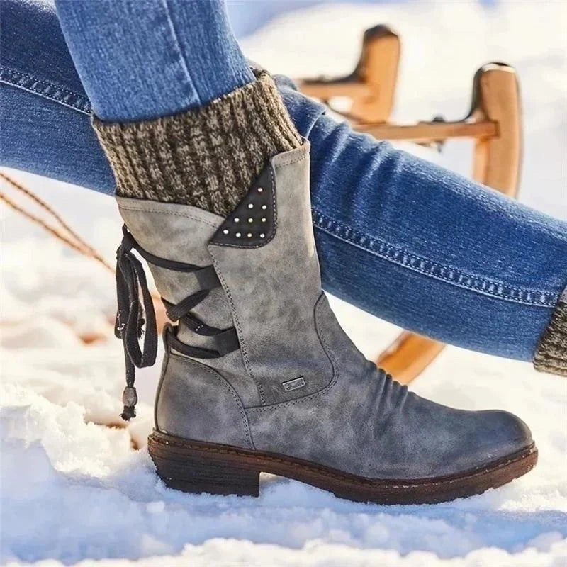 Damen Winterstiefel mit Schnürung und Strickschaft - Grau