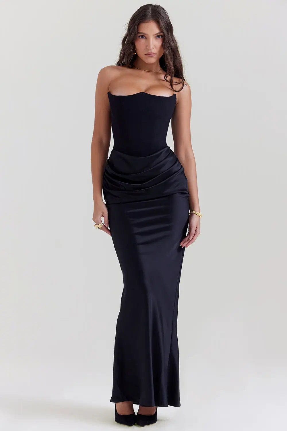 Damen Abendkleid bodenlang mit Bandeau und Raffung - Schwarz
