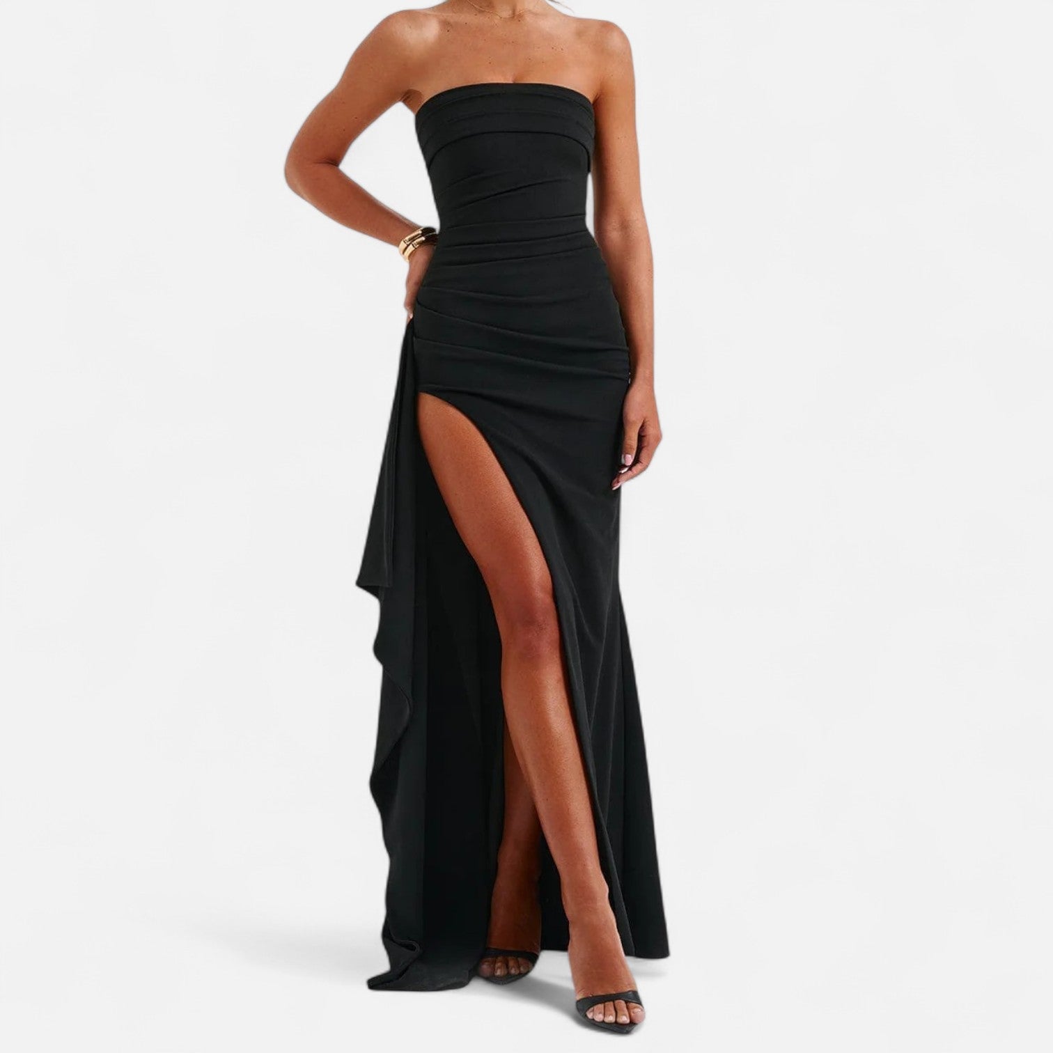 Damen Abendkleid bodenlang schulterfrei mit hohem Schlitz - Schwarz