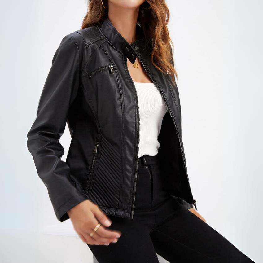 Damen Bikerjacke in Kunstlederoptik mit Stehkragen