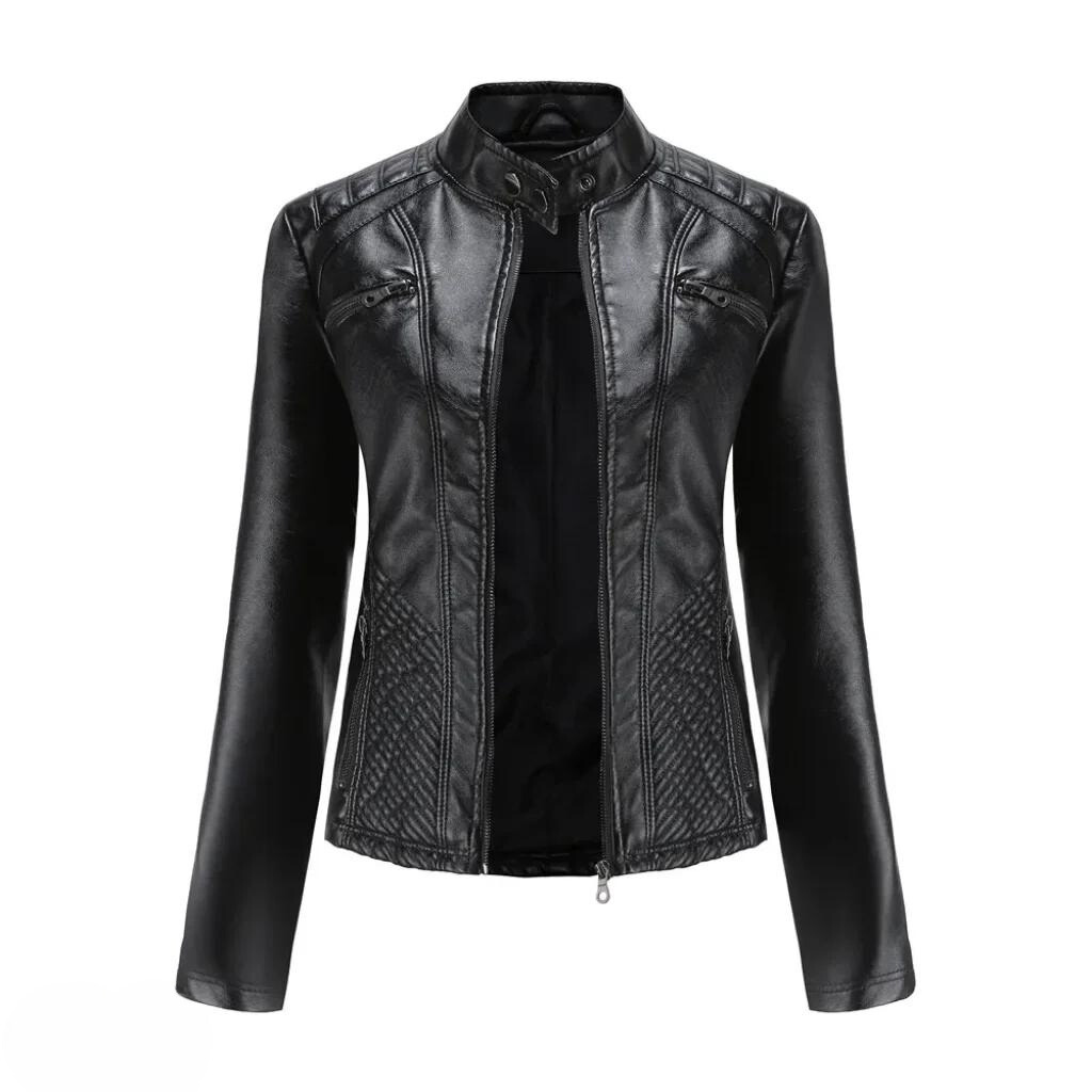 Damen Bikerjacke in Kunstlederoptik mit Stehkragen - Schwarz