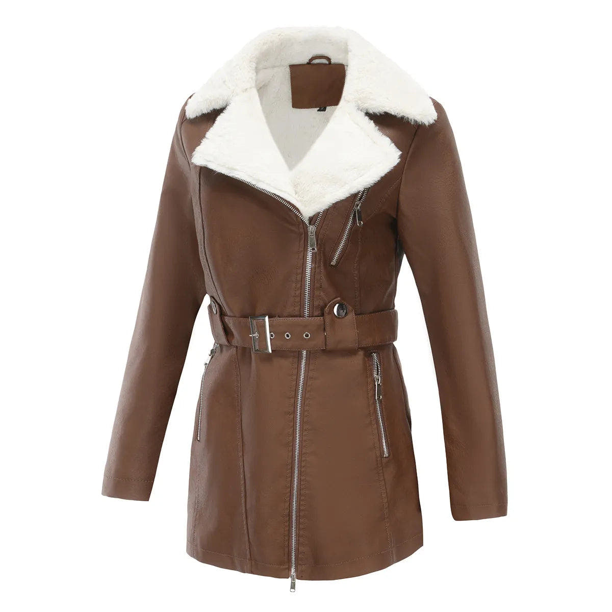 Damen Bikerjacke mit Kunstfellkragen und Taillengürtel - Braun