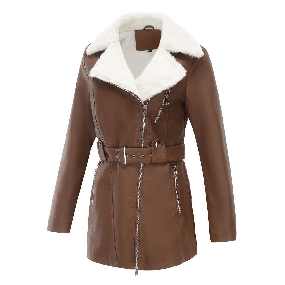 Damen Bikerjacke mit Kunstfellkragen und Taillengürtel - Braun