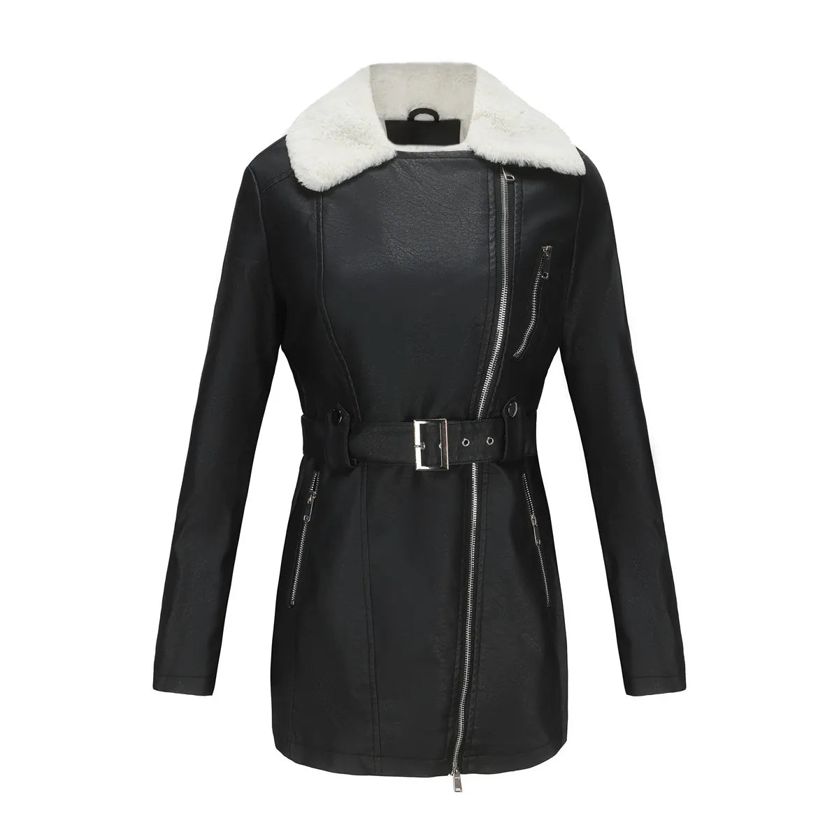 Damen Bikerjacke mit Kunstfellkragen und Taillengürtel - Schwarz