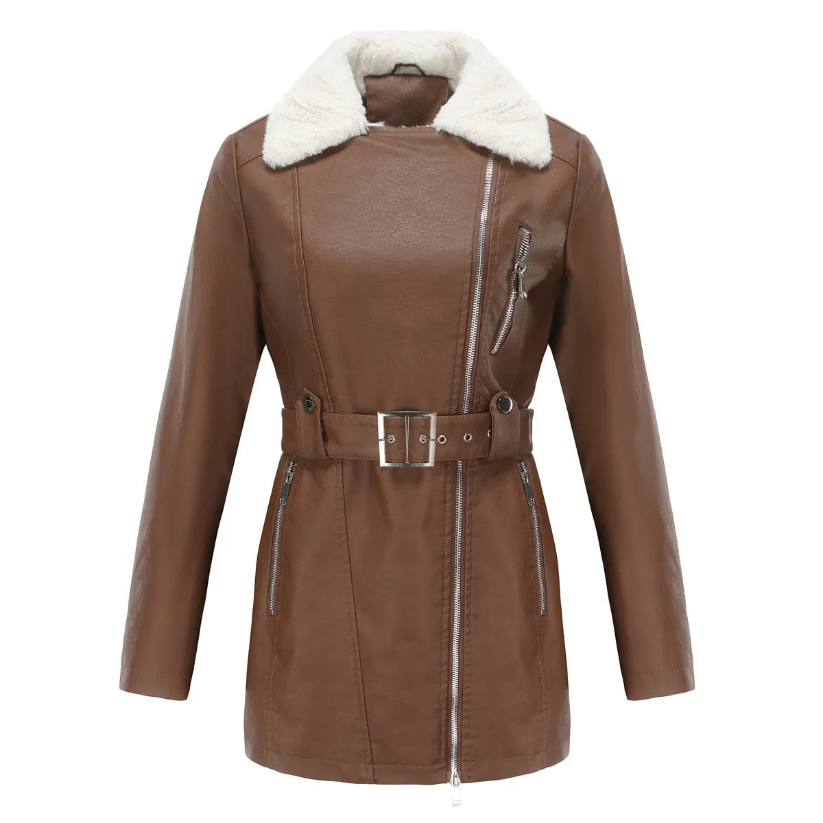 Damen Bikerjacke mit Kunstfellkragen und Taillengürtel