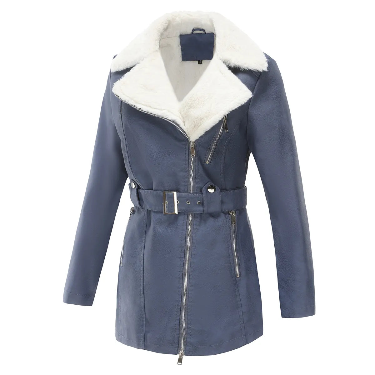 Damen Bikerjacke mit Kunstfellkragen und Taillengürtel