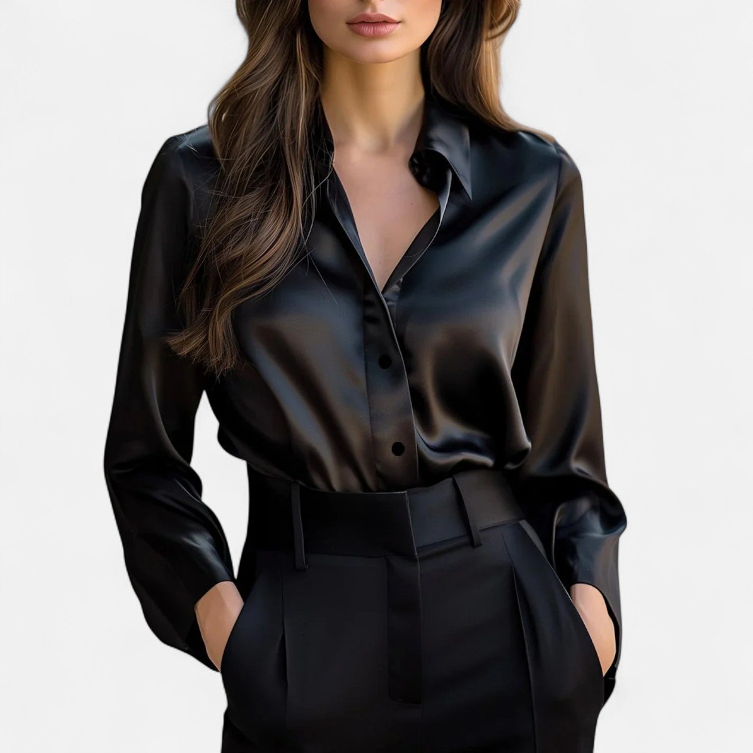 Damen Bluse in Satinoptik mit Hemdkragen und Manschette - Schwarz