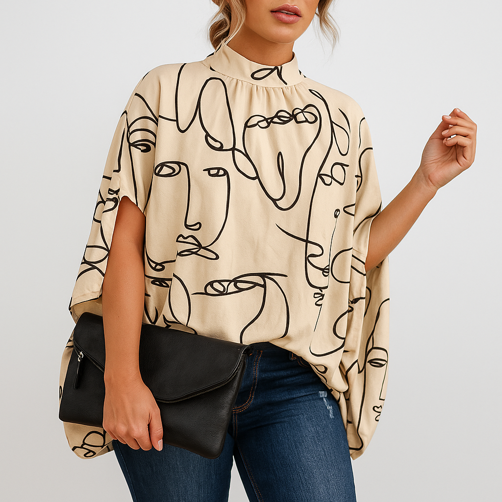 Damen Bluse mit Linienmuster und Stehkragen locker - Aprikose
