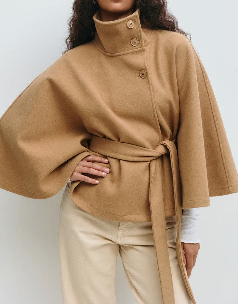 Damen Cape Mantel mit Bindegürtel und weiten Glockenärmeln - Khaki