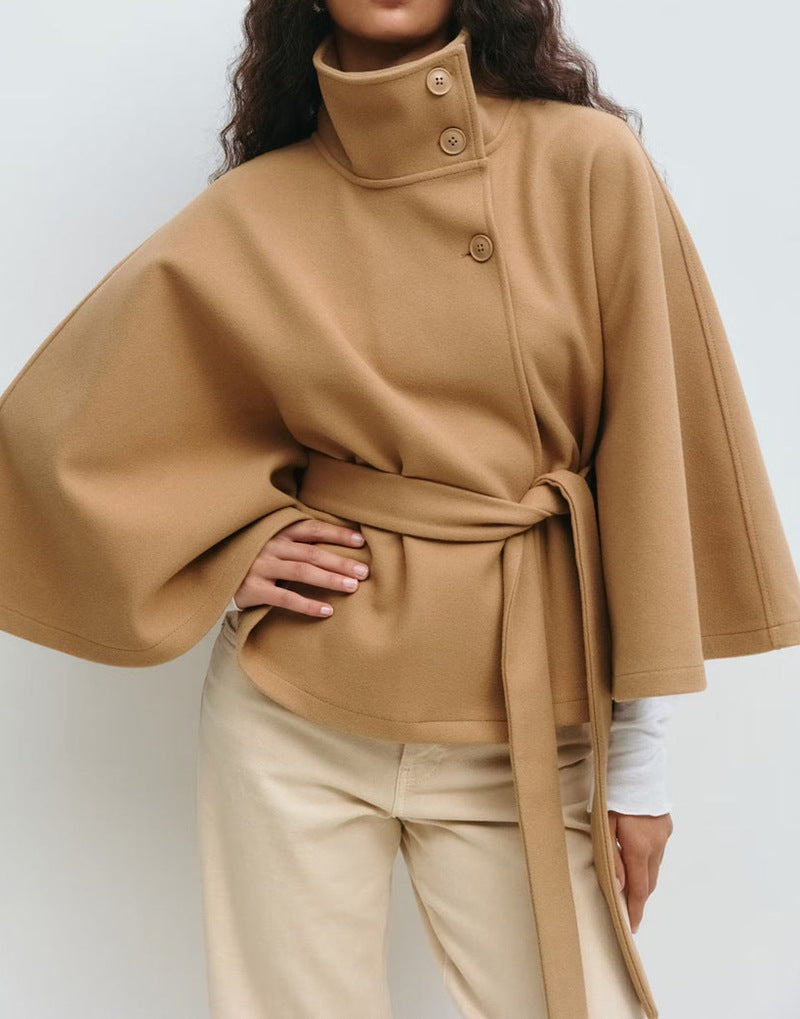 Damen Cape Mantel mit Bindegürtel und weiten Glockenärmeln - Khaki