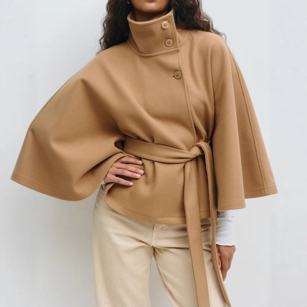 Damen Cape Mantel mit Bindegürtel und weiten Glockenärmeln