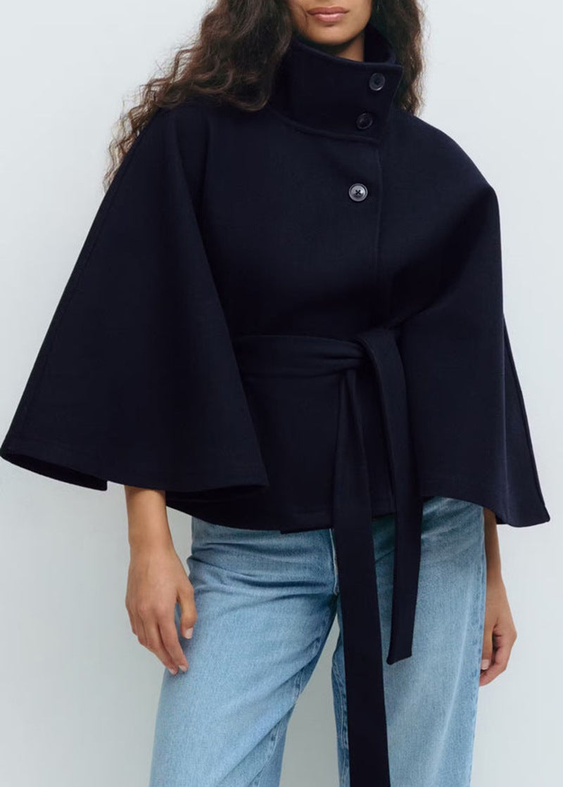 Damen Cape Mantel mit Bindegürtel und weiten Glockenärmeln