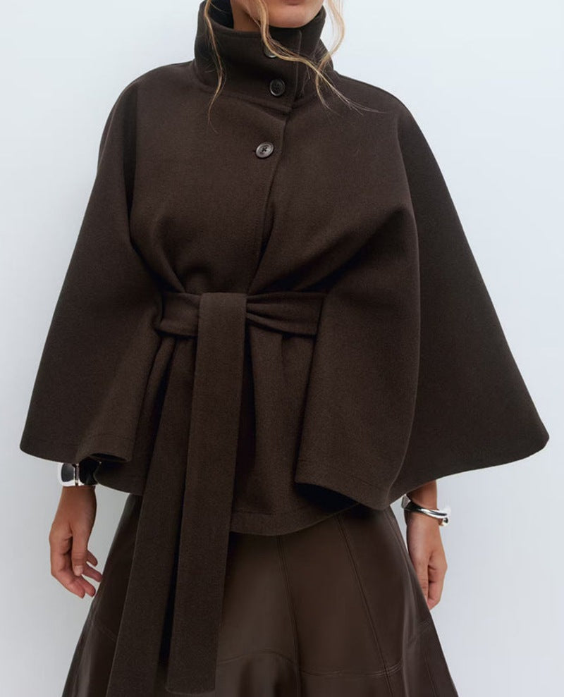 Damen Cape Mantel mit Bindegürtel und weiten Glockenärmeln - Braun