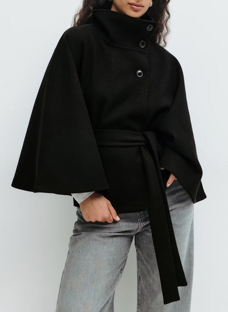 Damen Cape Mantel mit Bindegürtel und weiten Glockenärmeln - Schwarz