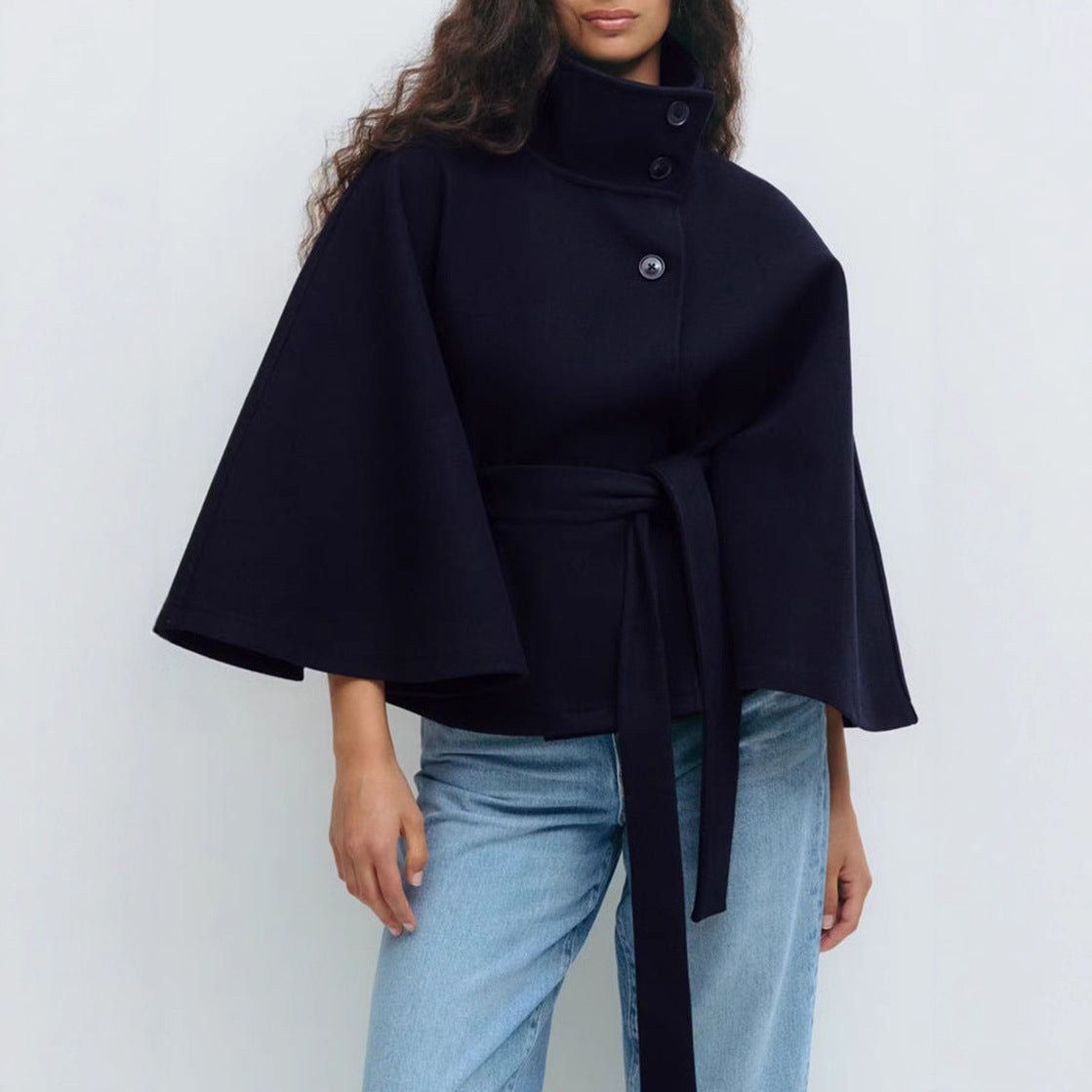 Damen Cape Mantel mit Bindegürtel und weiten Glockenärmeln - Marineblau