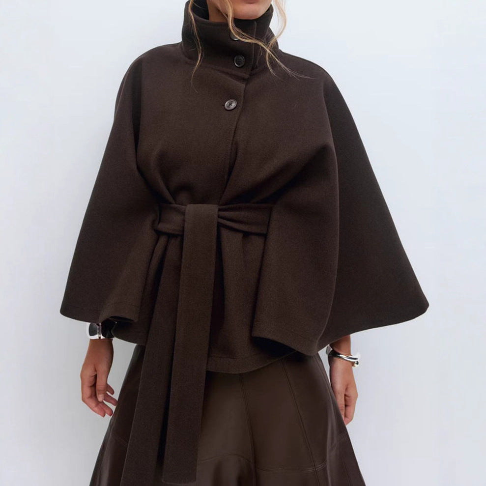 Damen Cape Mantel mit Bindegürtel und weiten Glockenärmeln