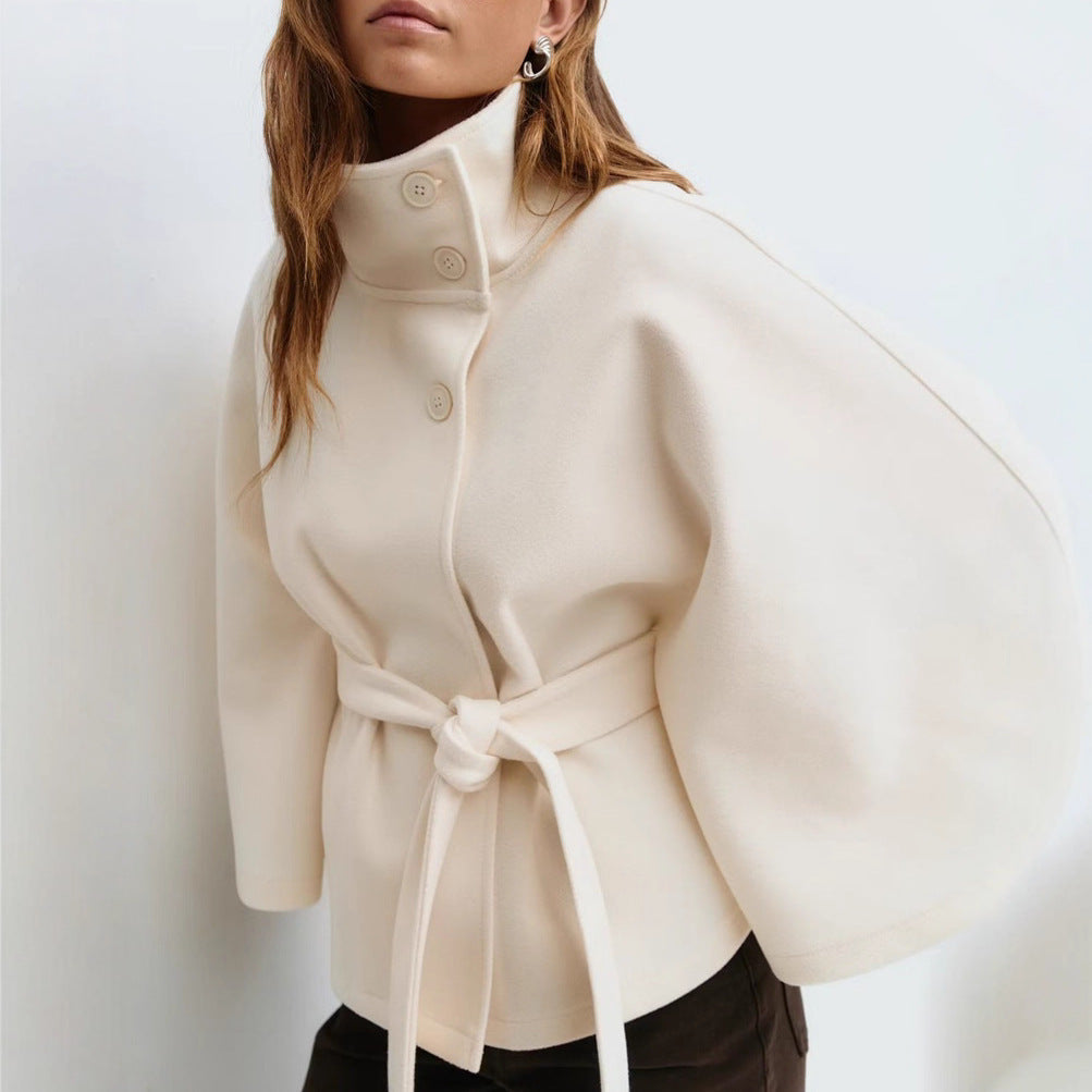 Damen Cape Mantel mit Bindegürtel und weiten Glockenärmeln