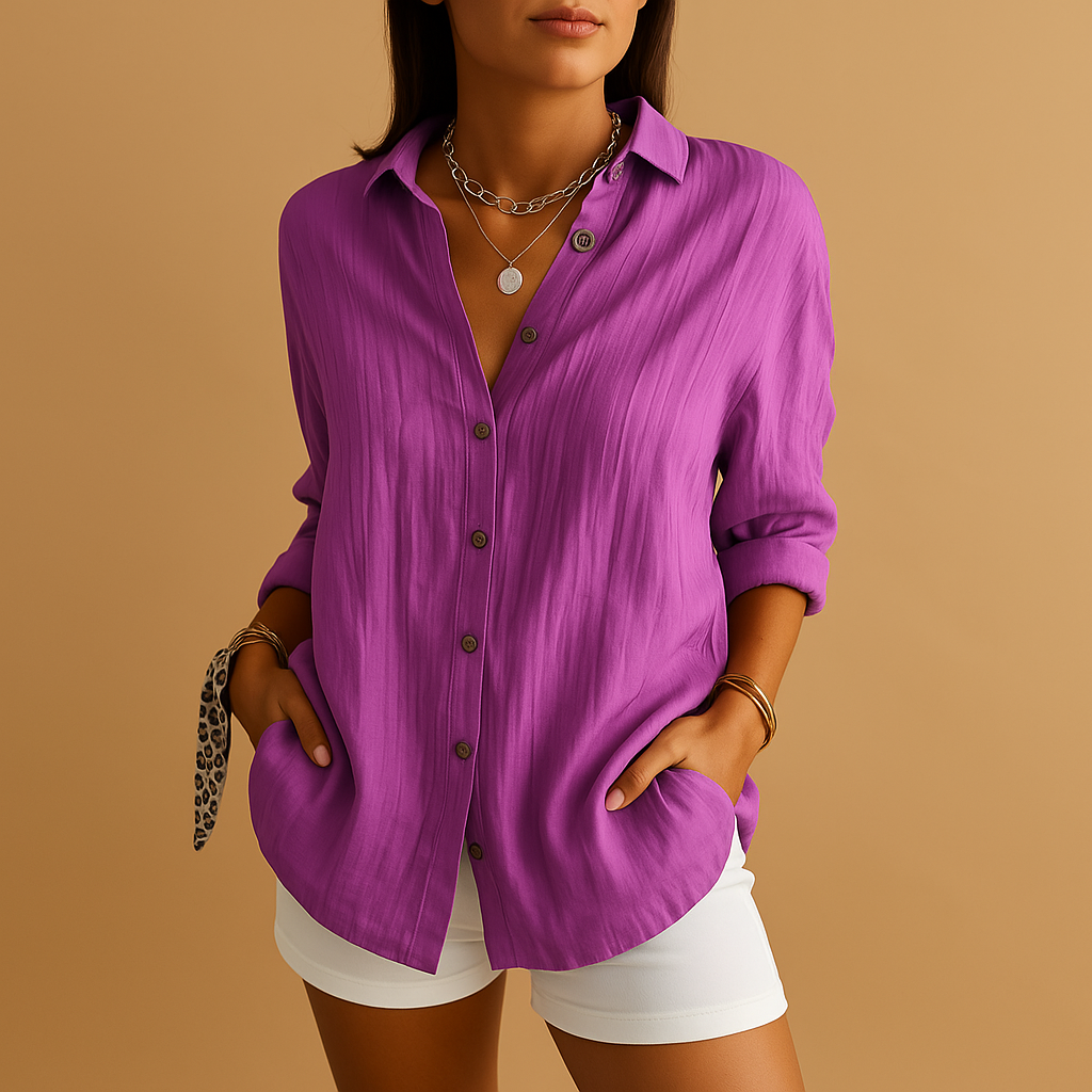 Damen Hemdbluse in Kreppoptik mit Knopfleiste und Taschen - Lavendel