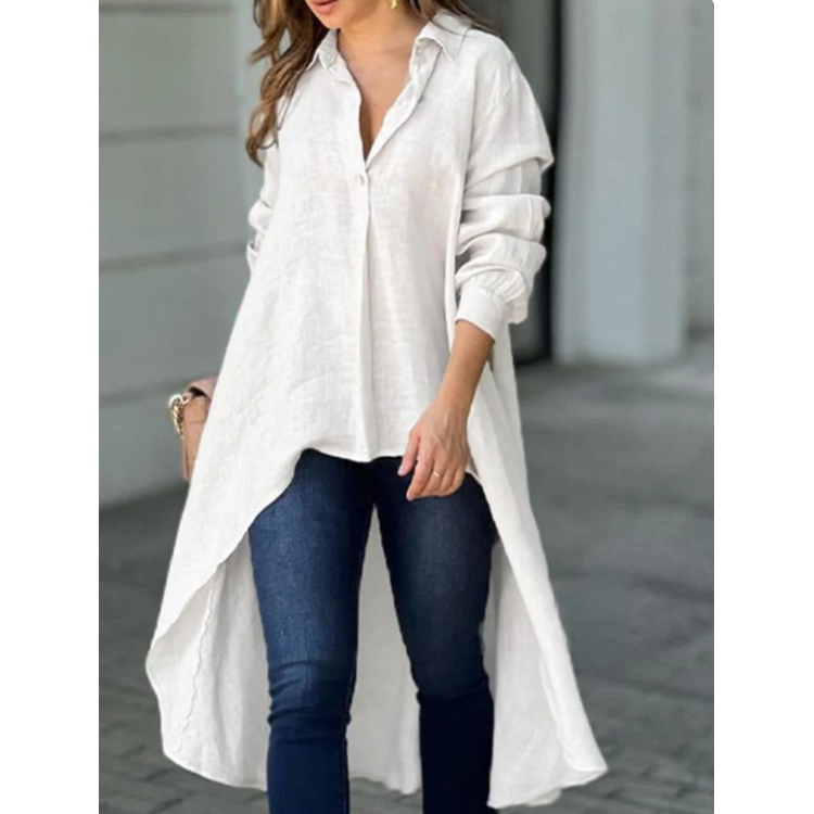 Damen Hemdbluse mit verlängertem Rückensaum und Kragen - Weiss
